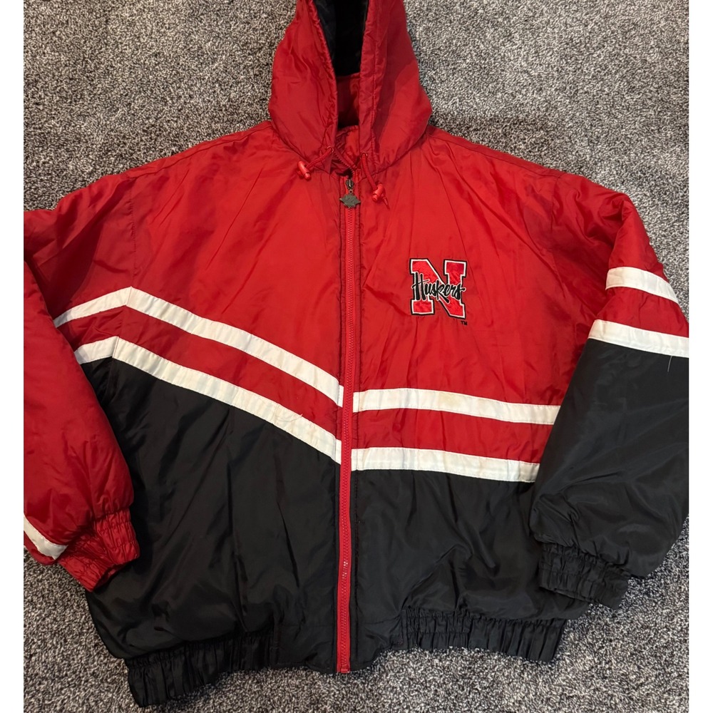 Vintage Jerzees Nebraska Huskers Puffer Jacket Red Black Hooded Mens 2XL
